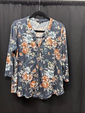 Women's Navy Floral Button-Front Shirt with Orange & Teal Blooms